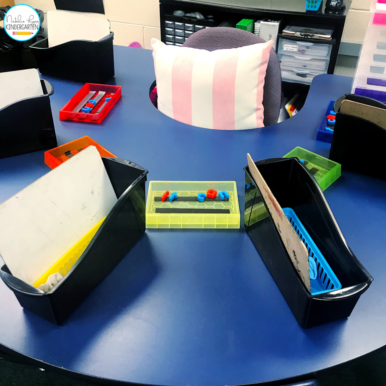 Kindergarten guided reading small groups table set up and organization with magnetic letter trays