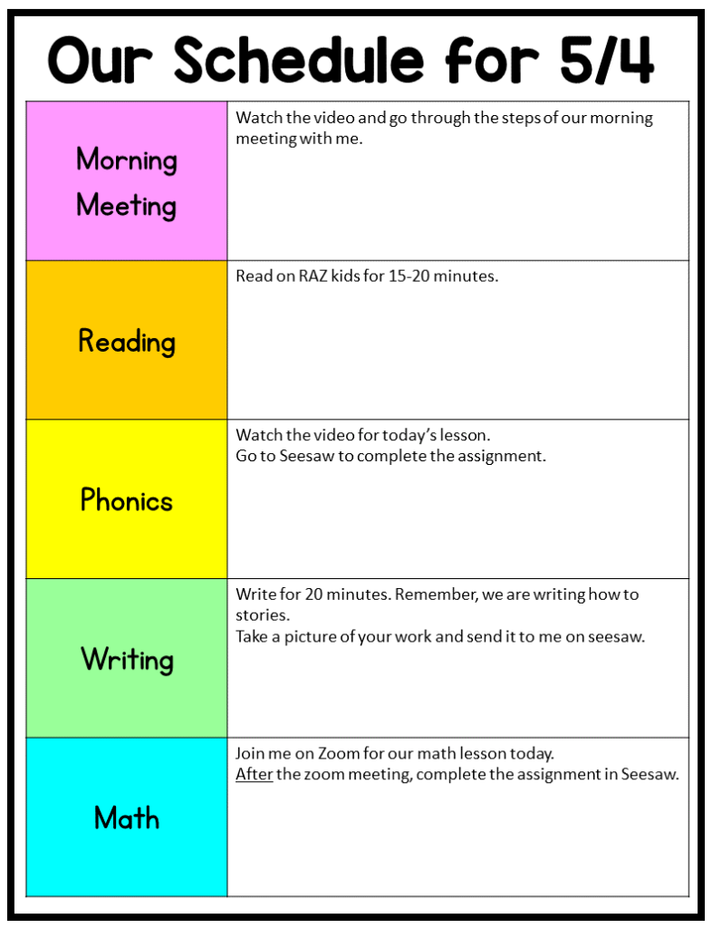 visual schedule for distance learning