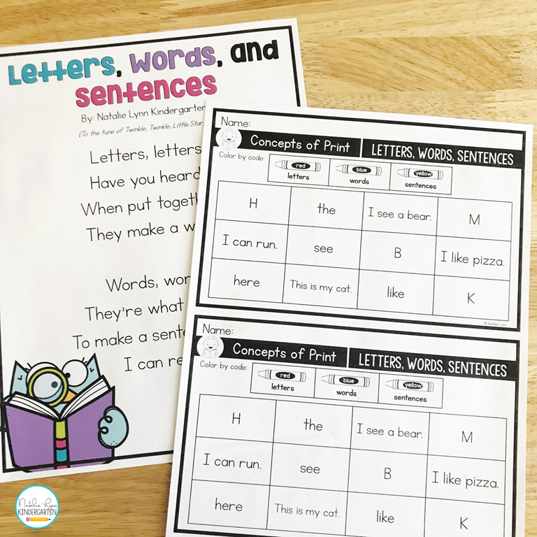 concepts of print lesson - teaching the difference between letters, words, and sentences