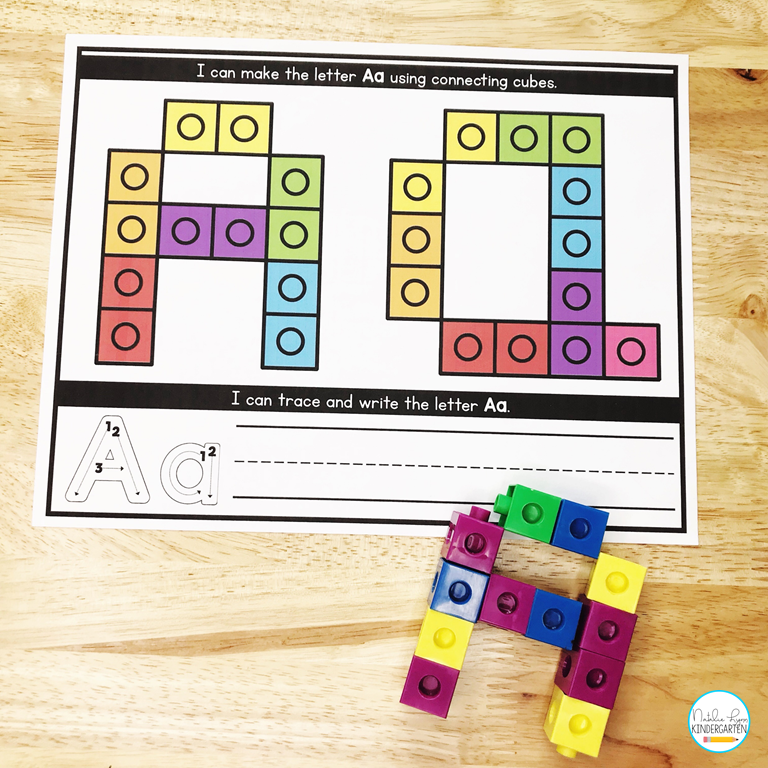 alphabet centers for kindergarten and preschool - building letters with cubes