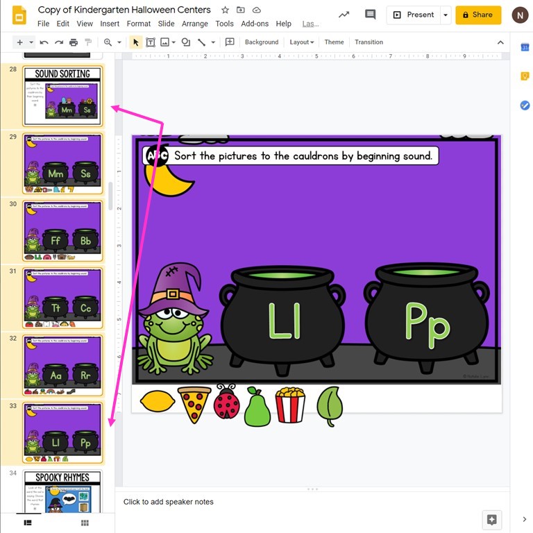 How to Easily Split Up Digital Centers in Google Slides™ for distance learning | select the slides you want