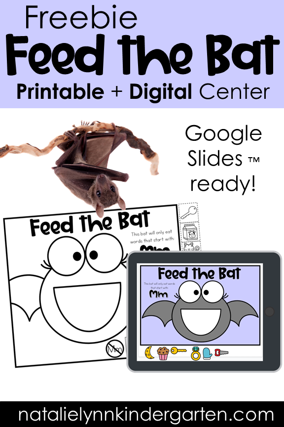 Free feed the bat beginning sounds printables worksheets and October digital literacy center for preschool, Pre-K, and kindergarten to practice letter sounds and beginning sound sorts. 