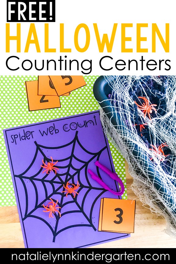 Free Halloween math mats counting centers for kindergarten, preschool, pre-k October math centers Halloween centers spider web sensory bin with Dollar Tree manipulatives
