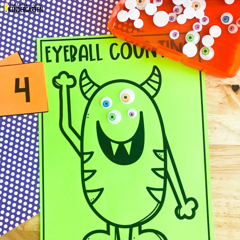 monster eyeball counting math mat free Halloween math centers for preschool pre-K kindergarten