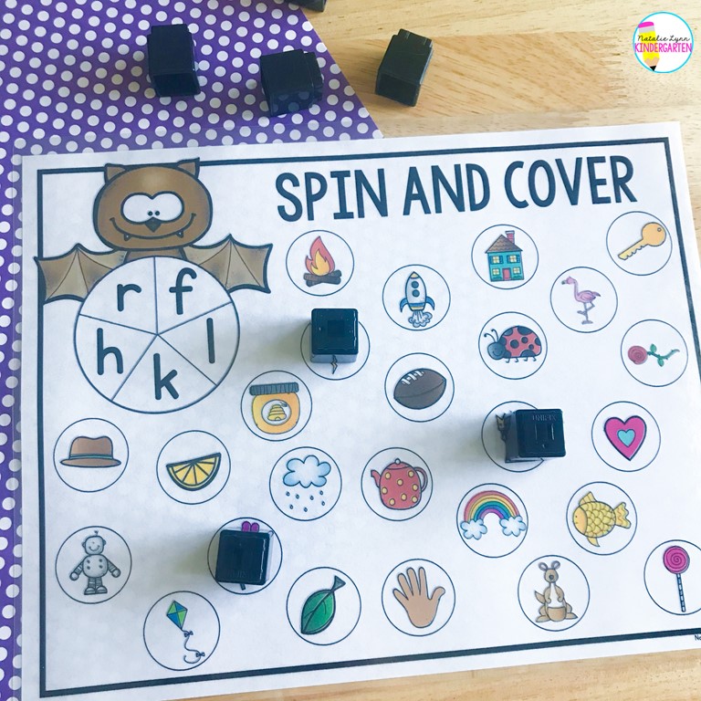 bat literacy centers for kindergarten | spin and cover beginning sounds