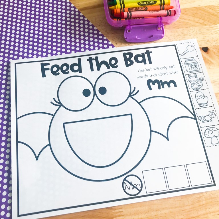 feed the bat beginning sounds printable worksheet for preschool, pre-K, and kindergarten to practice letter sounds sorts