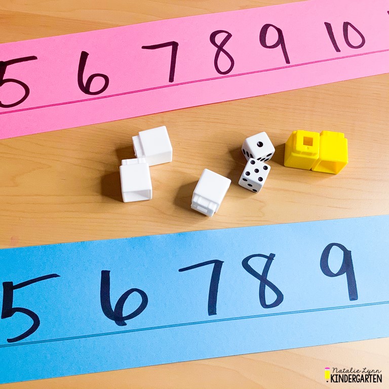 addition math game for kindergarten supplies | number lines to 12, dice, and colored cubes