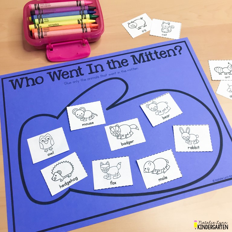 Who went in the mitten sorting activity for preschool, pre-K, and kindergarten
