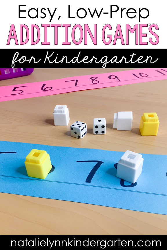 Easy no prep addition math game for kindergarten using number lines and adding dice. This addition bump game is a great partner math game for your math block, math small groups, or math workshop in kindergarten or first grade
