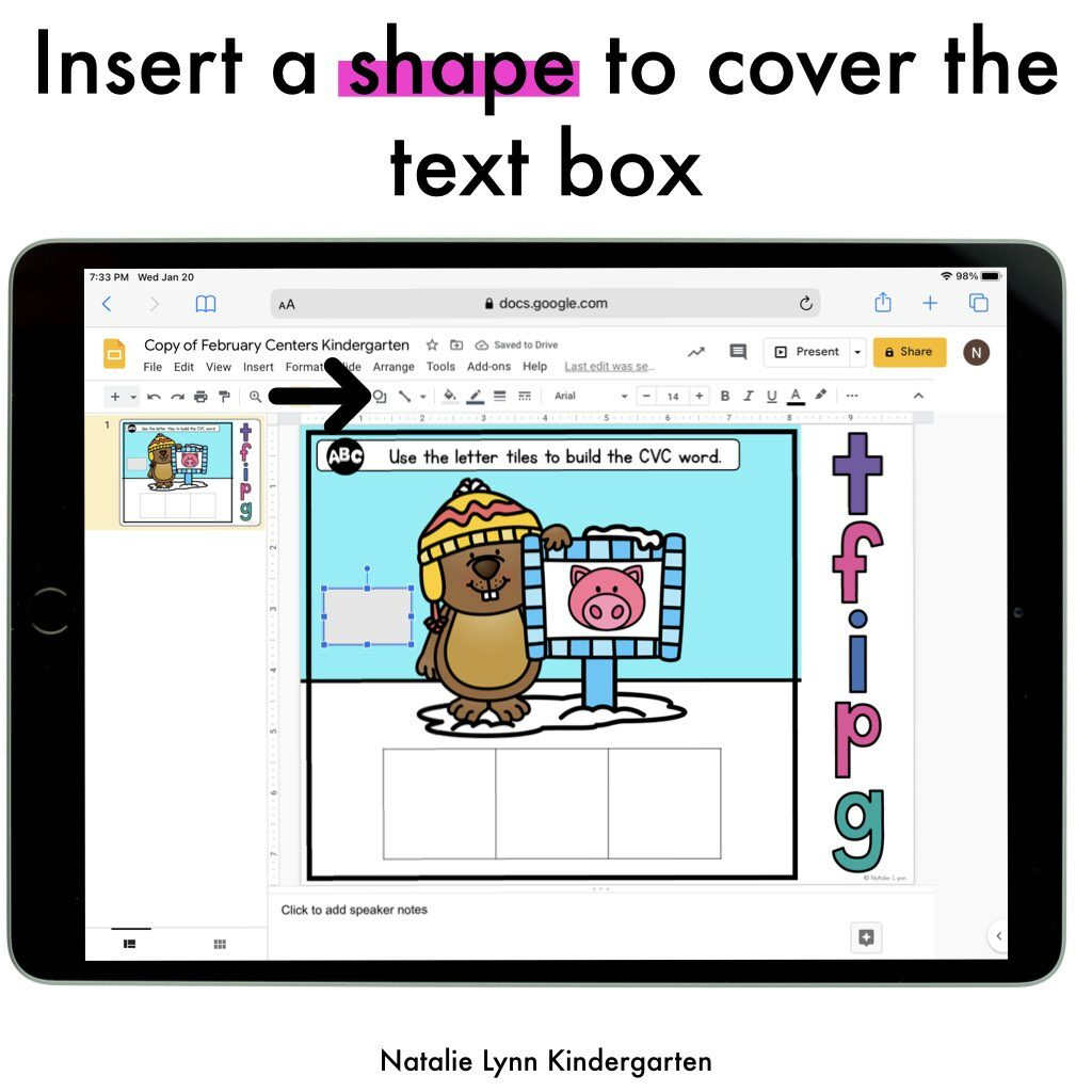 How to make self-correcting centers in Google Slides or Google Classroom | add a shape to cover the text box