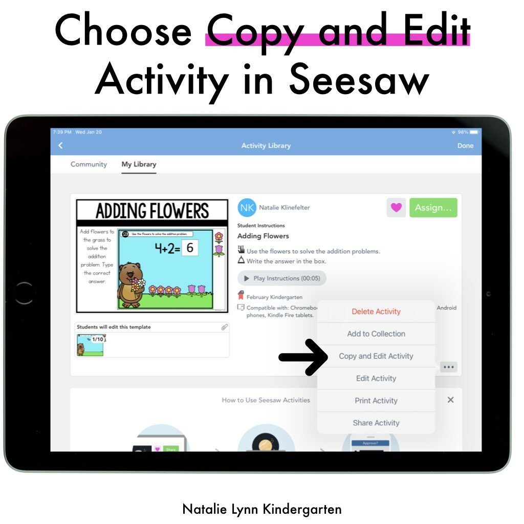 How to make self-correcting activities in Seesaw | choose copy and edit activity