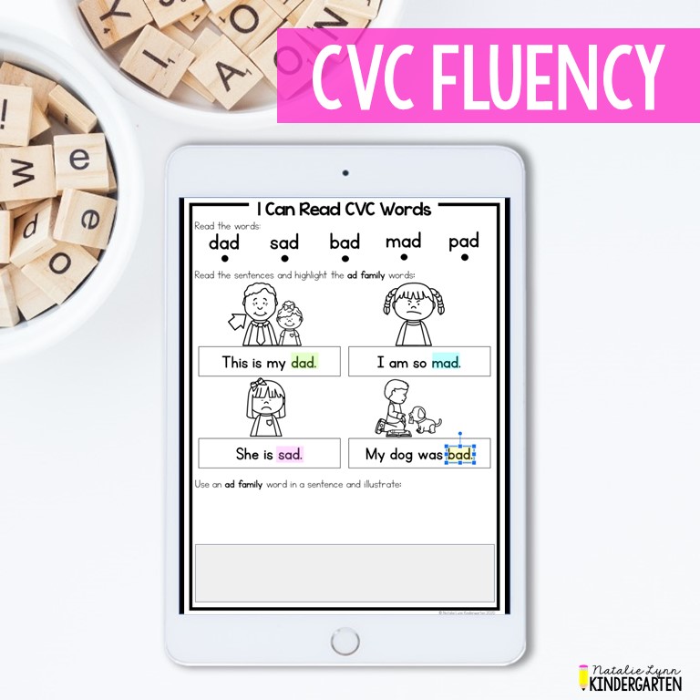 Digital CVC words reading fluency passages for kindergarten distance learning