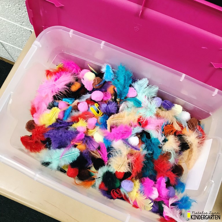 Kindergarten sensory bin center with colorful feathers for November | Thanksgiving sensory bin literacy center for Kindergarten