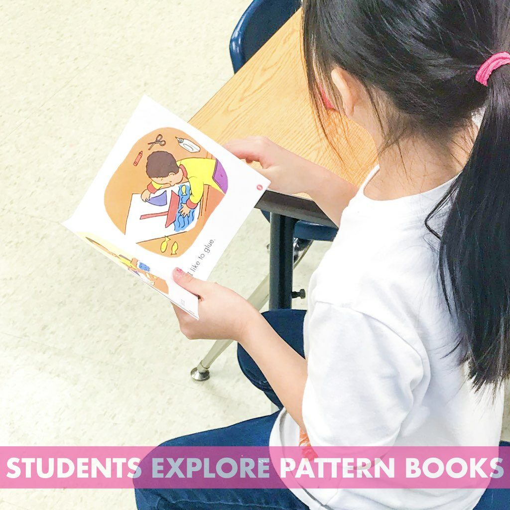 Students explore pattern books in Kindergarten