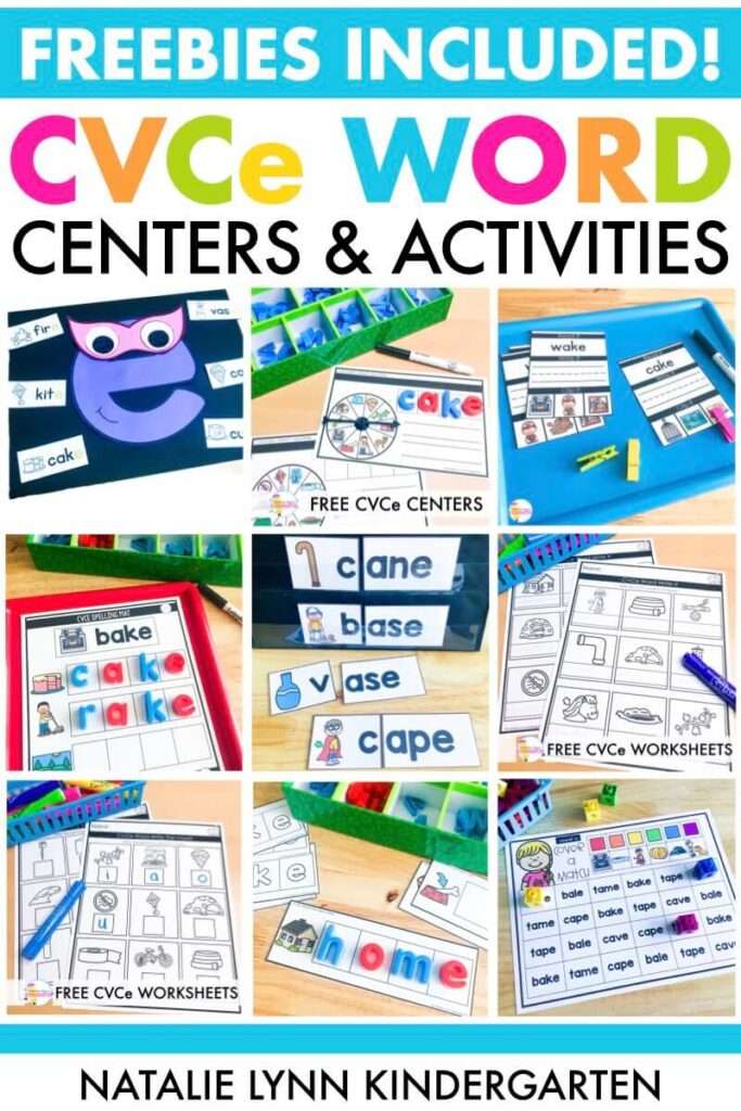 CVCe word centers activities and printables for Kindergarten and 1st Grade with free CVCe word worksheets and free literacy centers included