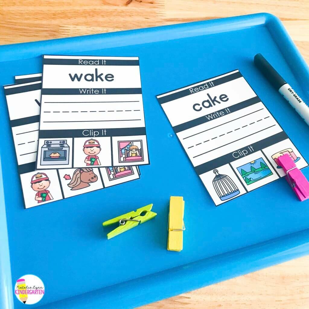CVCe word activities read it write it clip cards