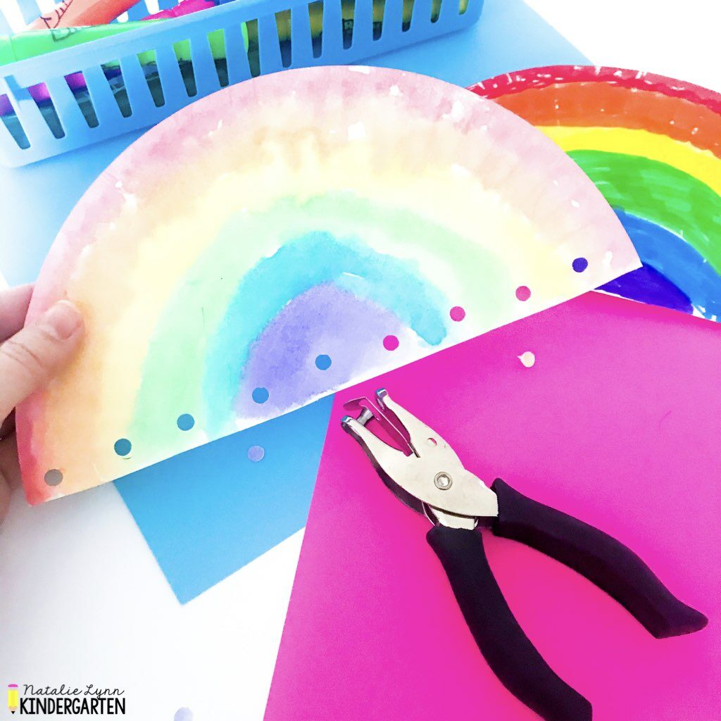 Rainbow craft for preschool and kindergarten | punch holes along the bottom 