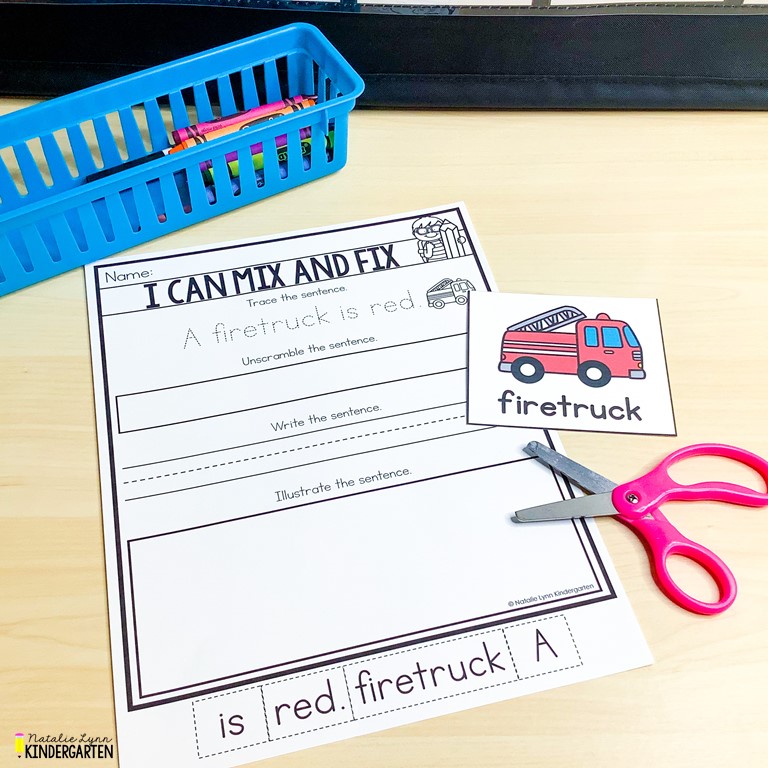 Writing center activities for Kindergarten first and second grade mix and fix sentences