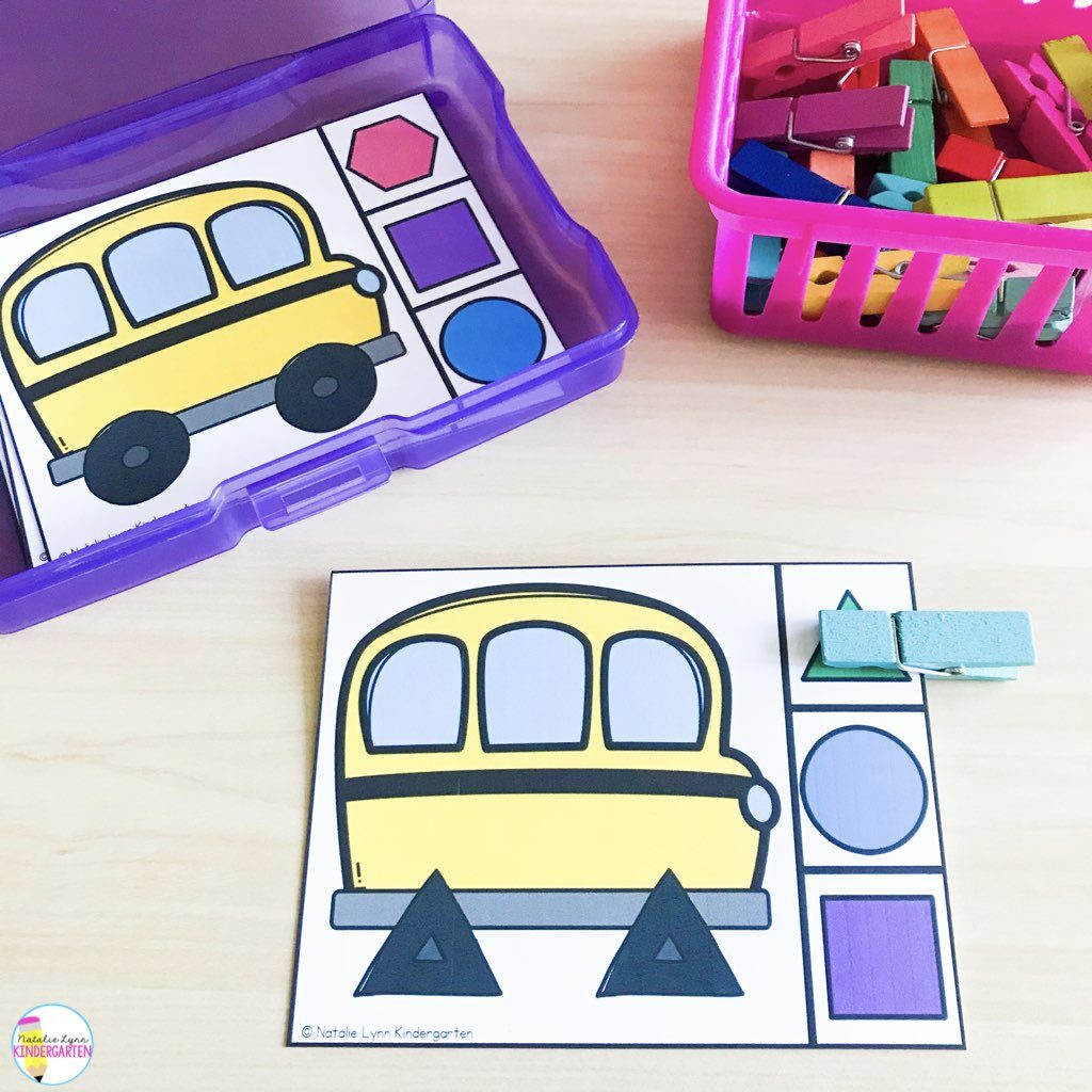 Back to school math centers for kindergarten school bus 2d shapes
