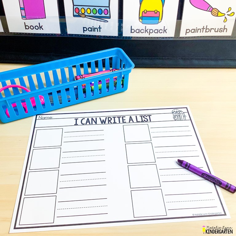 Writing center activities for Kindergarten first and second grade write a list