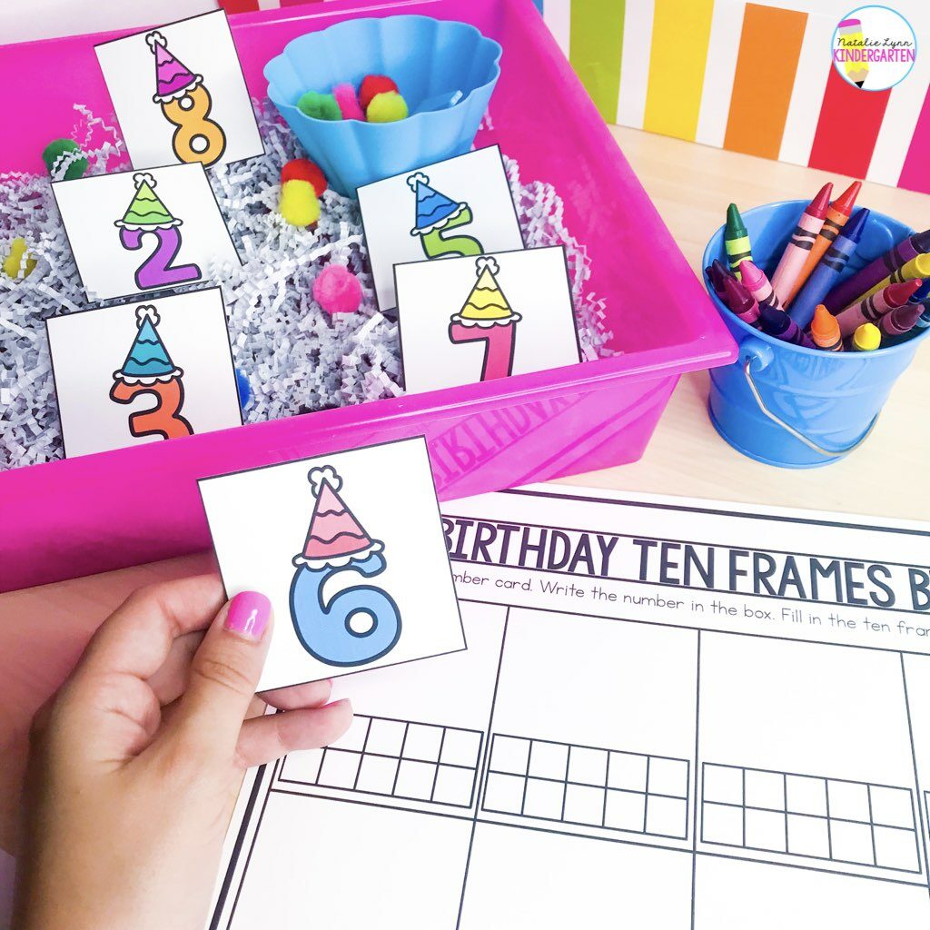 Birthday Themed sensory bin activities - ten frames 