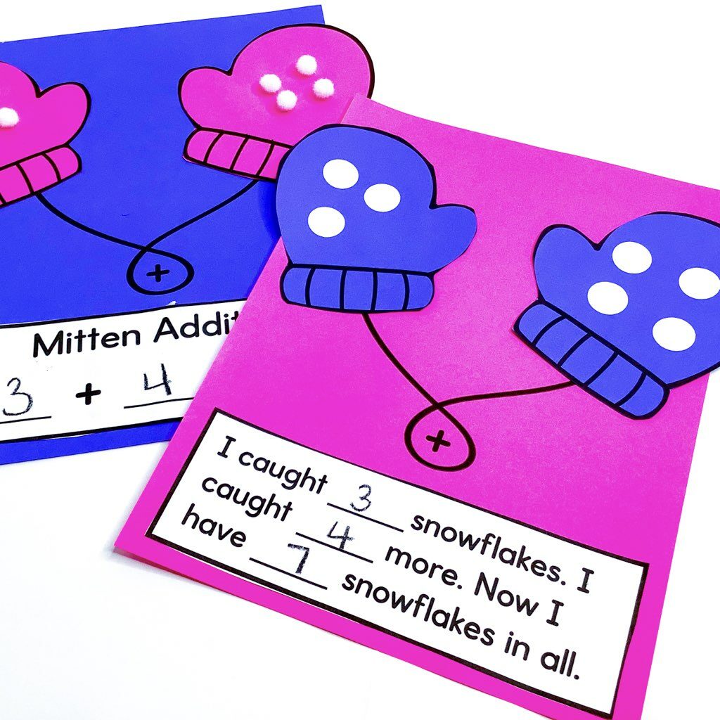Mitten Addition Free winter math crafts for Kindergarten