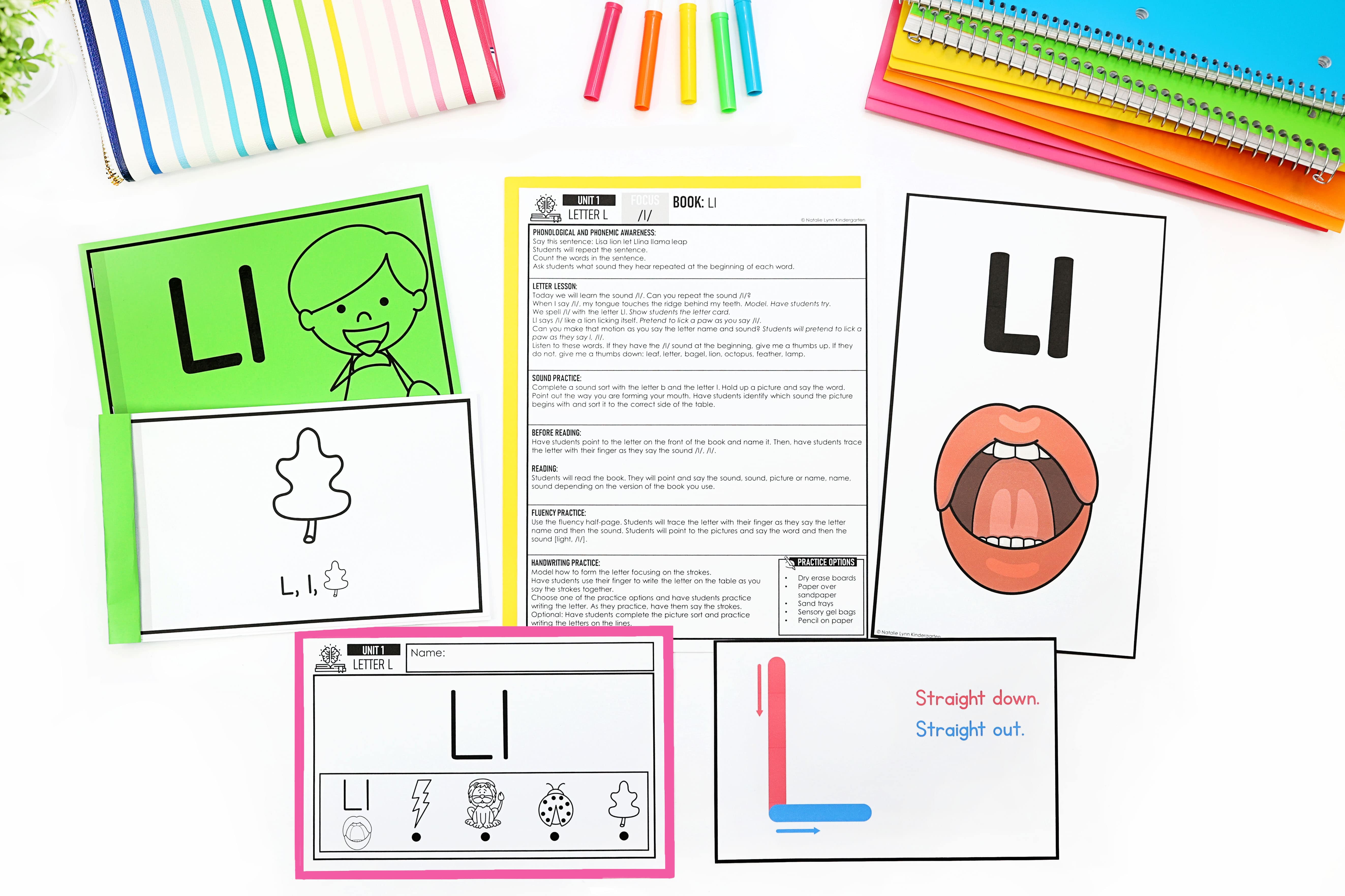 Science of Reading Guided Curriculum Unit 1 Pre-readers: Letter L lesson activities including lesson plan, alphabet poster, alphabet decodable reader, letter formation, and fluency sheet