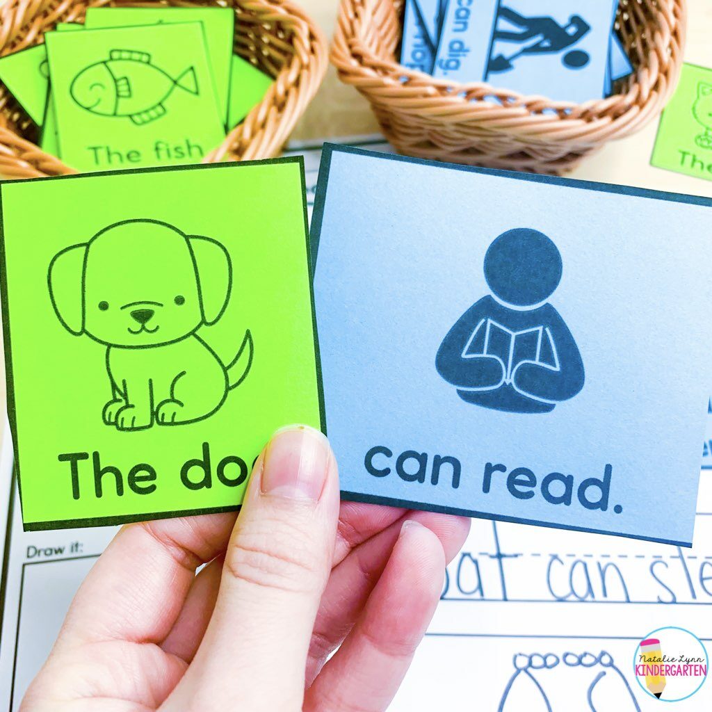 free kindergarten sentence building and writing center - parts of a sentence cards