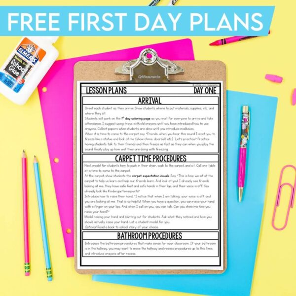 free first day of kindergarten lesson plans