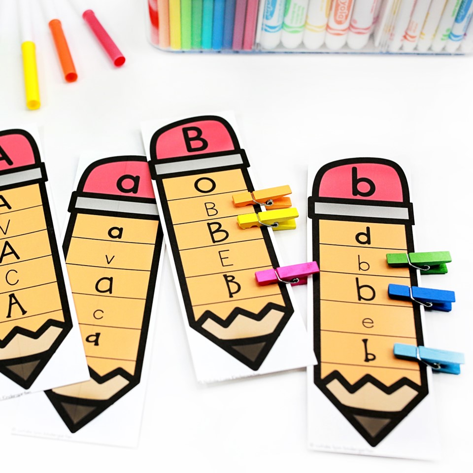 science of reading alphabet letter literacy centers | image shows pencil letter discrimination clip