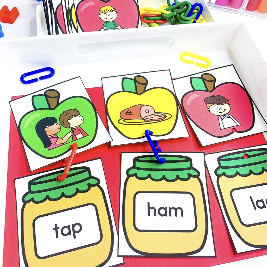 free apple themed science of reading literacy centers matching cvc word cards