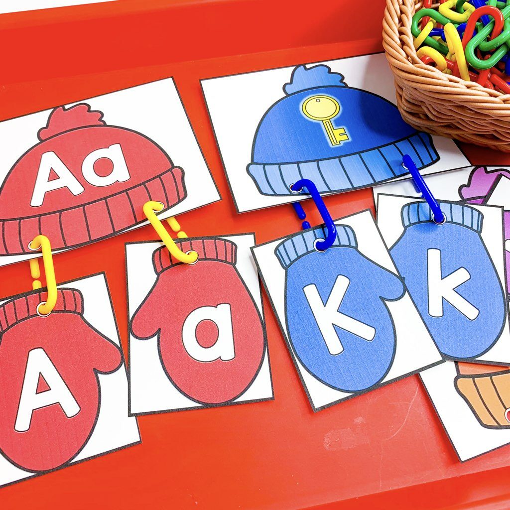 Preschool and pre-K December morning tubs and bins Mittens and hat alphabet match