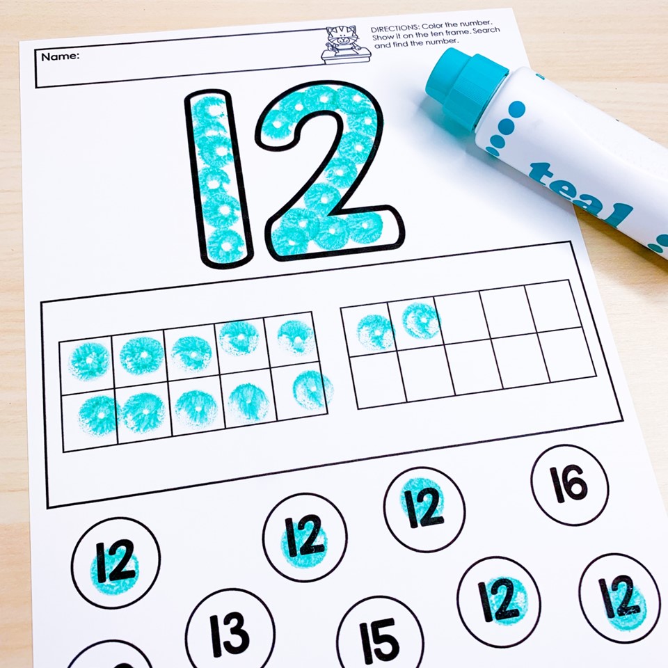 free number worksheets for Kindergarten - image shows a worksheet and a teal dot marker. The worksheet shows the number 12 filled in, ten frames filled in, and number dots.