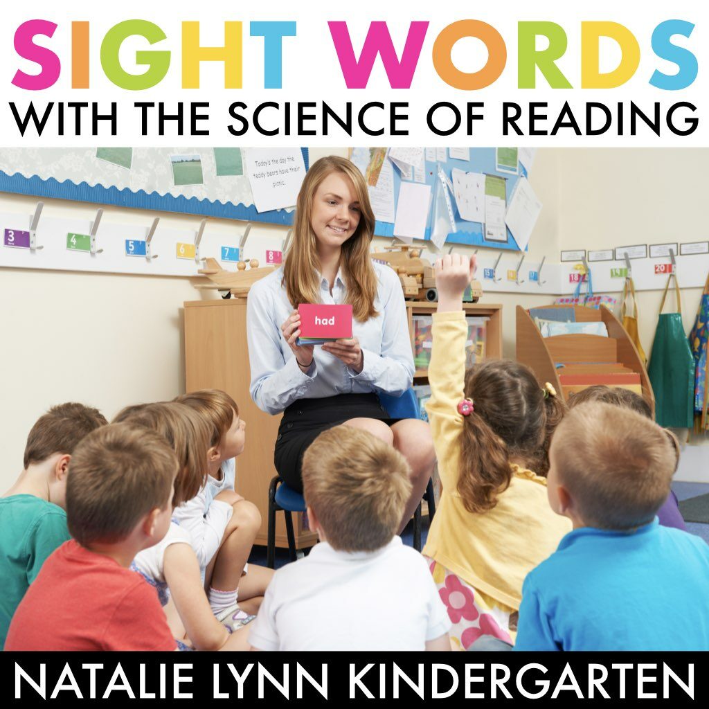 Sight words with the science of reading in mind - Natalie Lynn Kindergarten - image of a teacher showing a sight word card to a group of students
