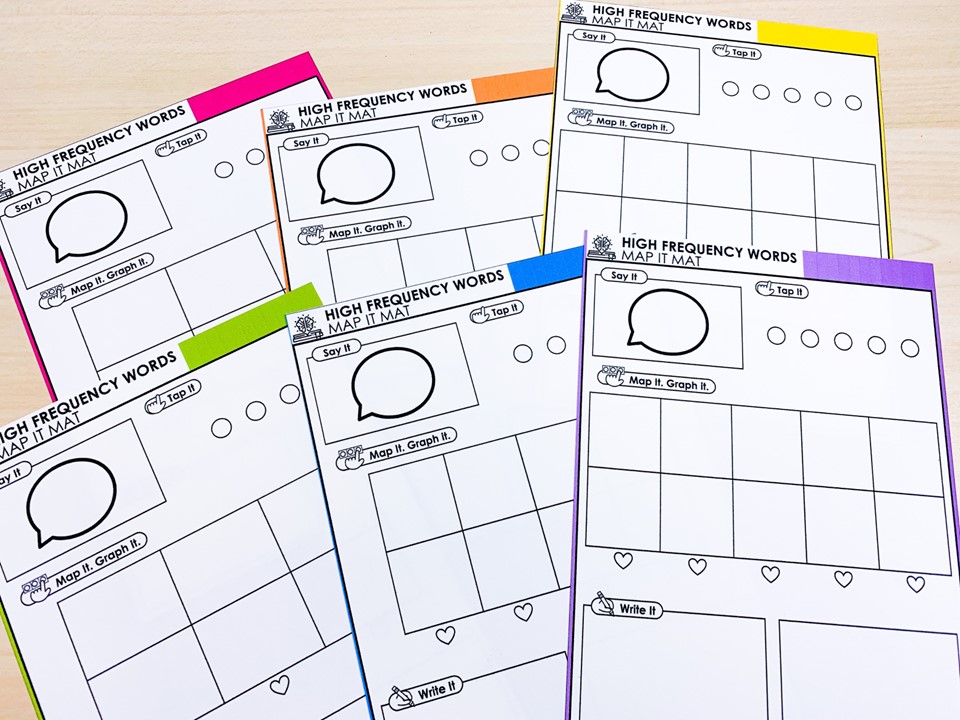 free sight words Map It Mats for the Science of Reading small groups. Image shows 6 map it mats in pink, orange, yellow, green, blue, and purple.