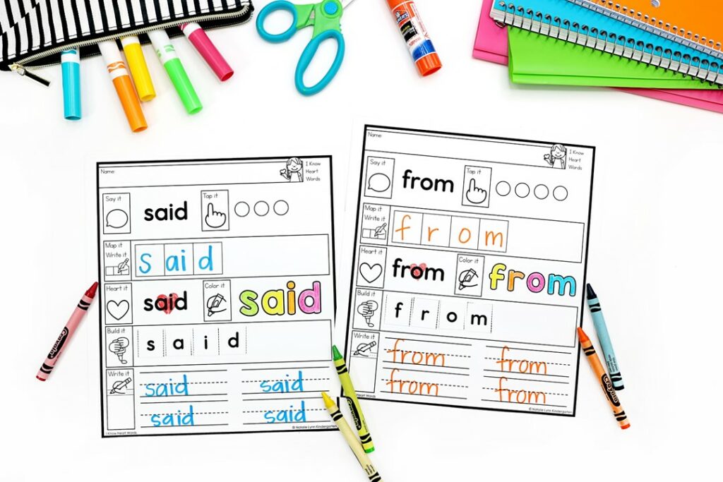 heart words worksheets science of reading - image shows two worksheets filled out for the words said and from. The words have been written in sound boxes, rainbow written, cut apart and built, and written.