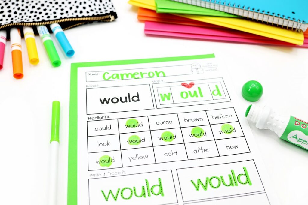 sight words worksheets science of reading - image shows a worksheet for the word would.