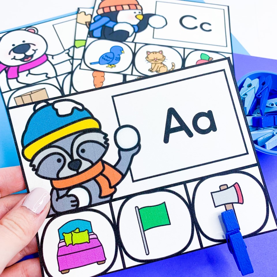 alphabet beginning sounds clip cards winter literacy center