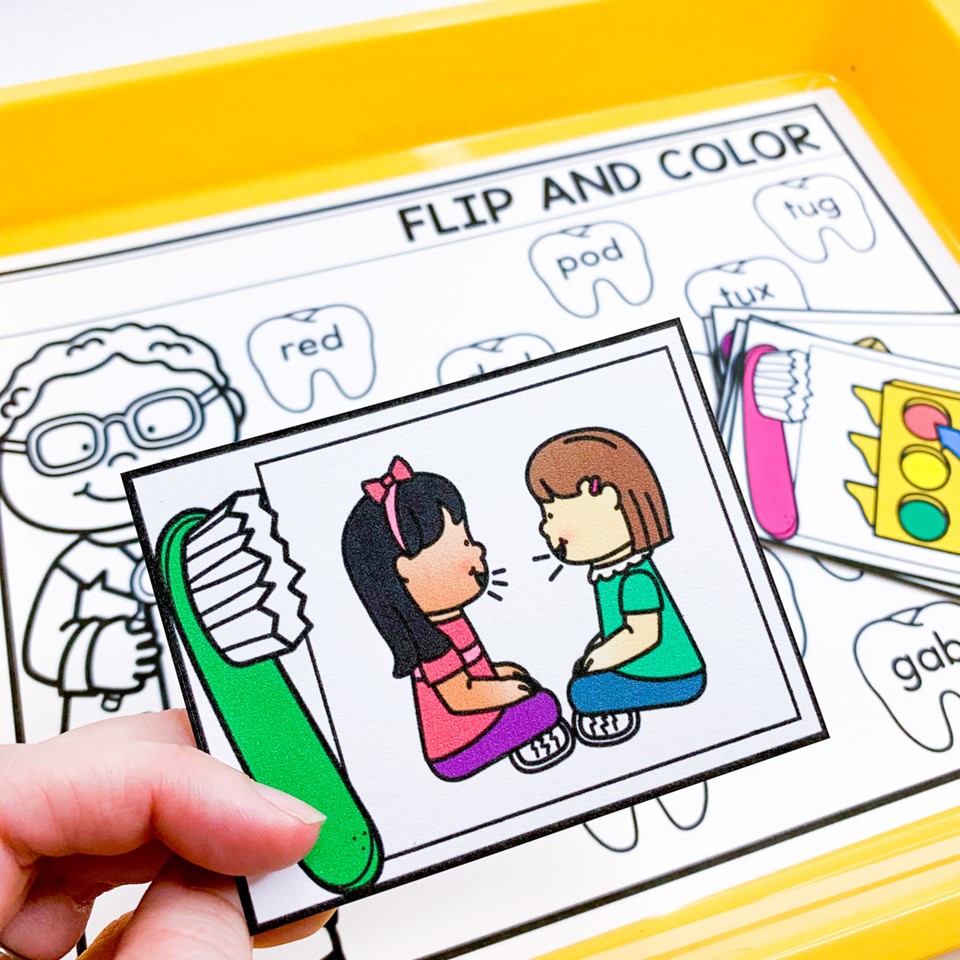 free dental health literacy centers flip and color CVC words