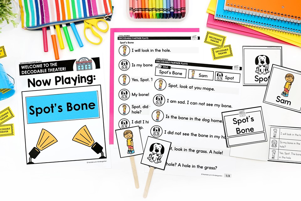 Spot's Bone Decodable Partner Play materials including character nametags, hats, and puppets, play script, mini decodable book, and theater sign