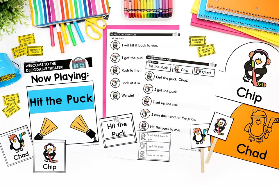 Hit the Puck Decodable Partner Play materials including character nametags, hats, and puppets, play script, mini decodable book, and theater sign