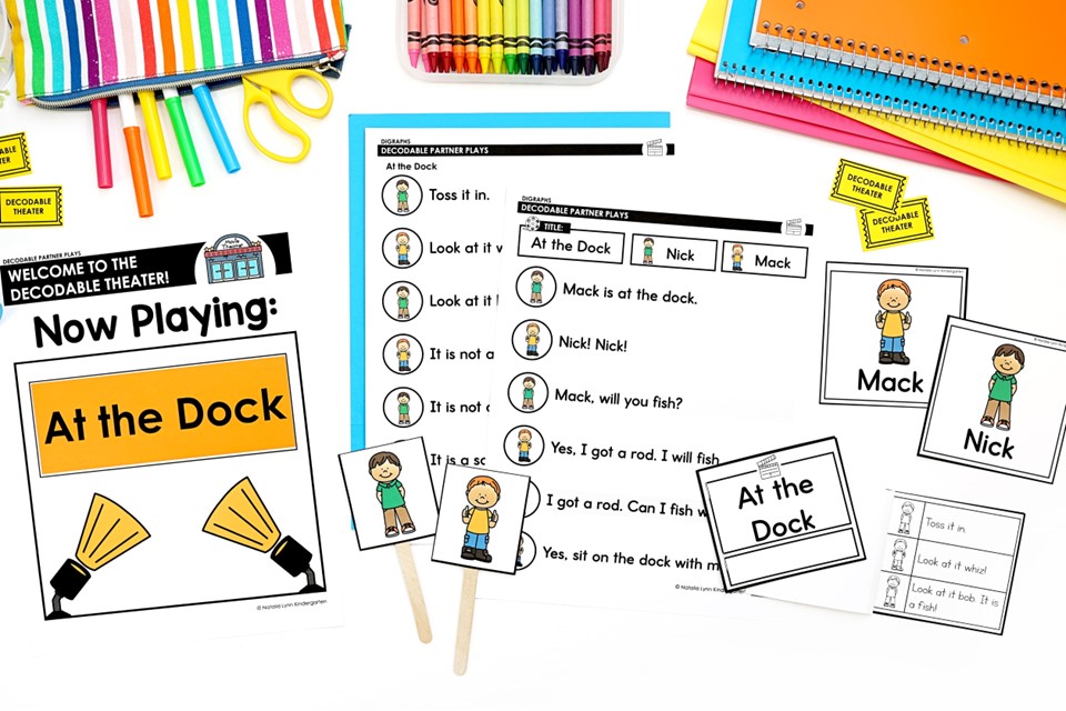 At the Dock Decodable Partner Play materials including character nametags, hats, and puppets, play script, mini decodable book, and theater sign