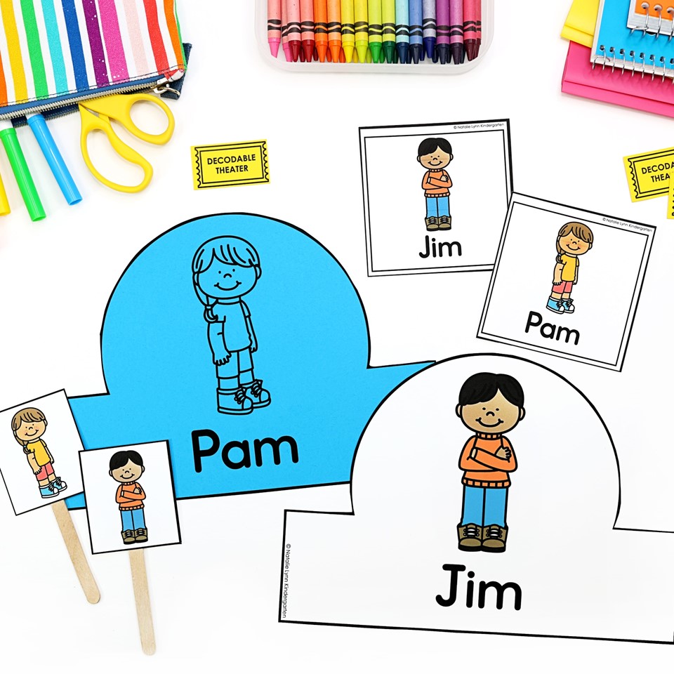 Decodable partner play character materials for the characters Jim and Pam showing stick puppets, hats, and nametags
