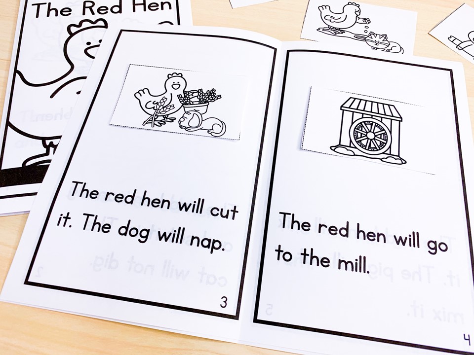 The Red Hen decodable reader showing matching pictures to the pages