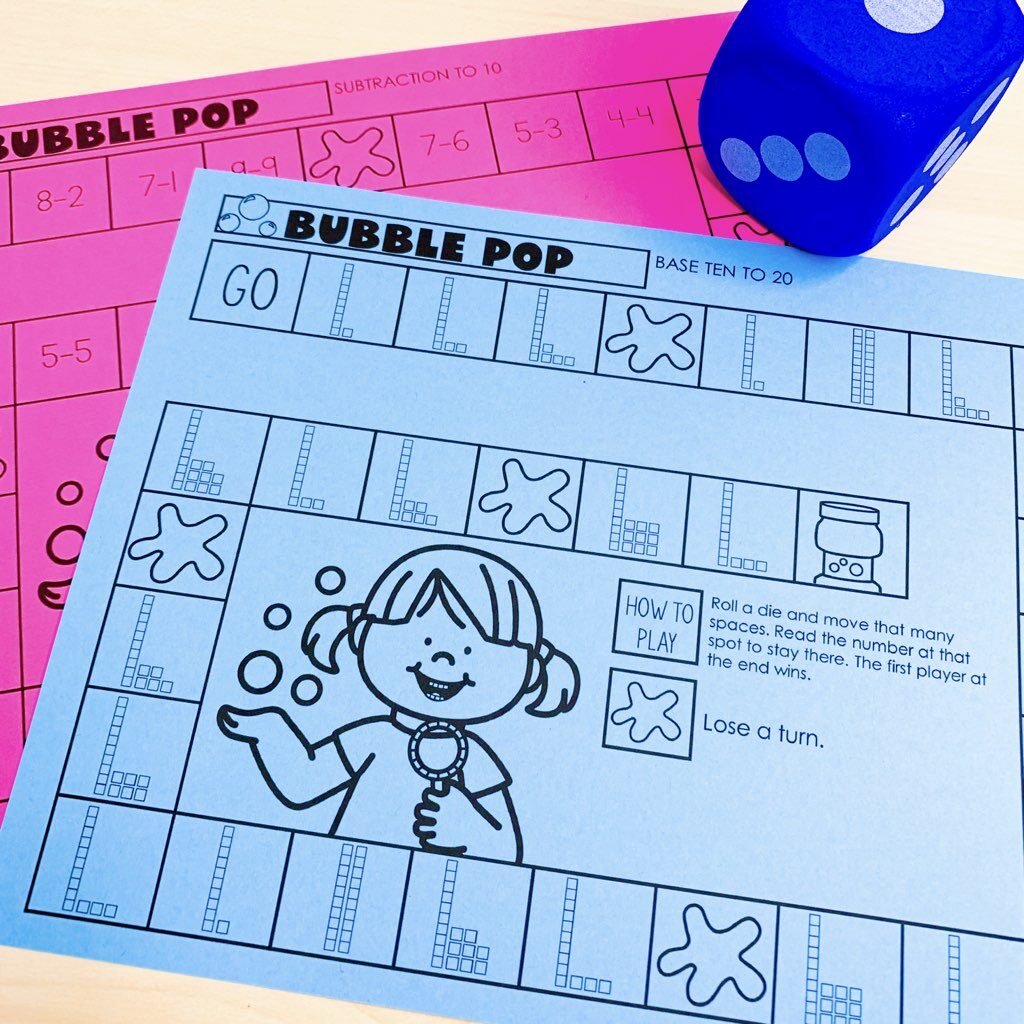 Bubble pop no prep math games for preschool, kindergarten, and first grade - picture shows a subtraction gameboard and a base ten to 20 gameboard with a foam dot die on top.
