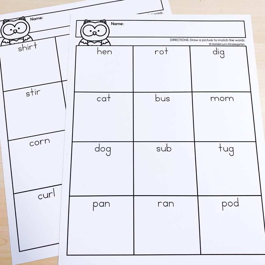 Camping themed phonics read and draw sheets showing r controlled words and cvc words