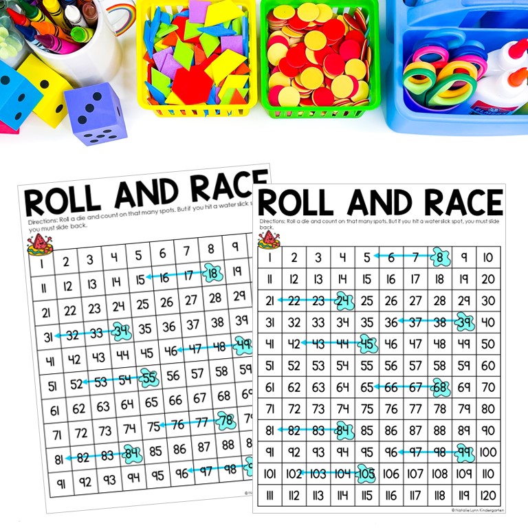watermelon day morning tubs for preschool, kindergarten, and first grade - watermelon themed roll and race boards to 100 and 120