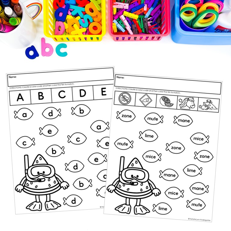 free watermelon day phonics worksheets showing color by code alphabet a-e and CVCe words