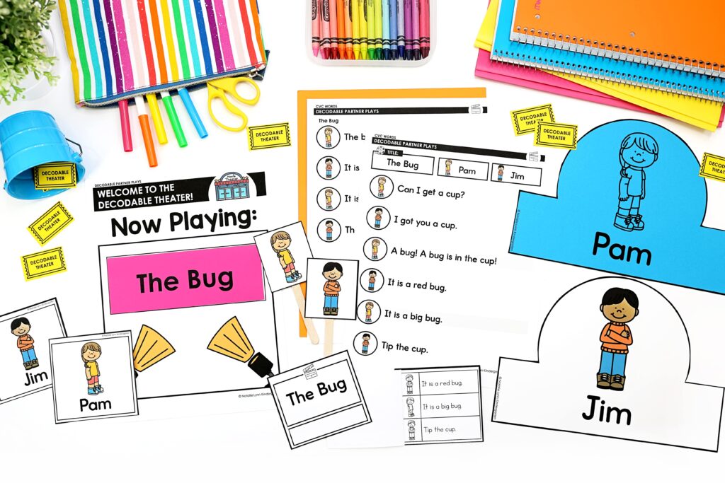 CVC words decodable partner plays readers theater materials for the play The Bug [picture shows the Now Playing sign, character nametags and hats, mini book, and script for the play]