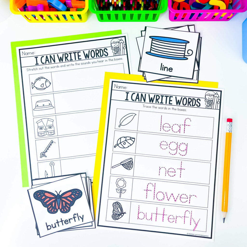 Kindergarten writing center activities for May writing words